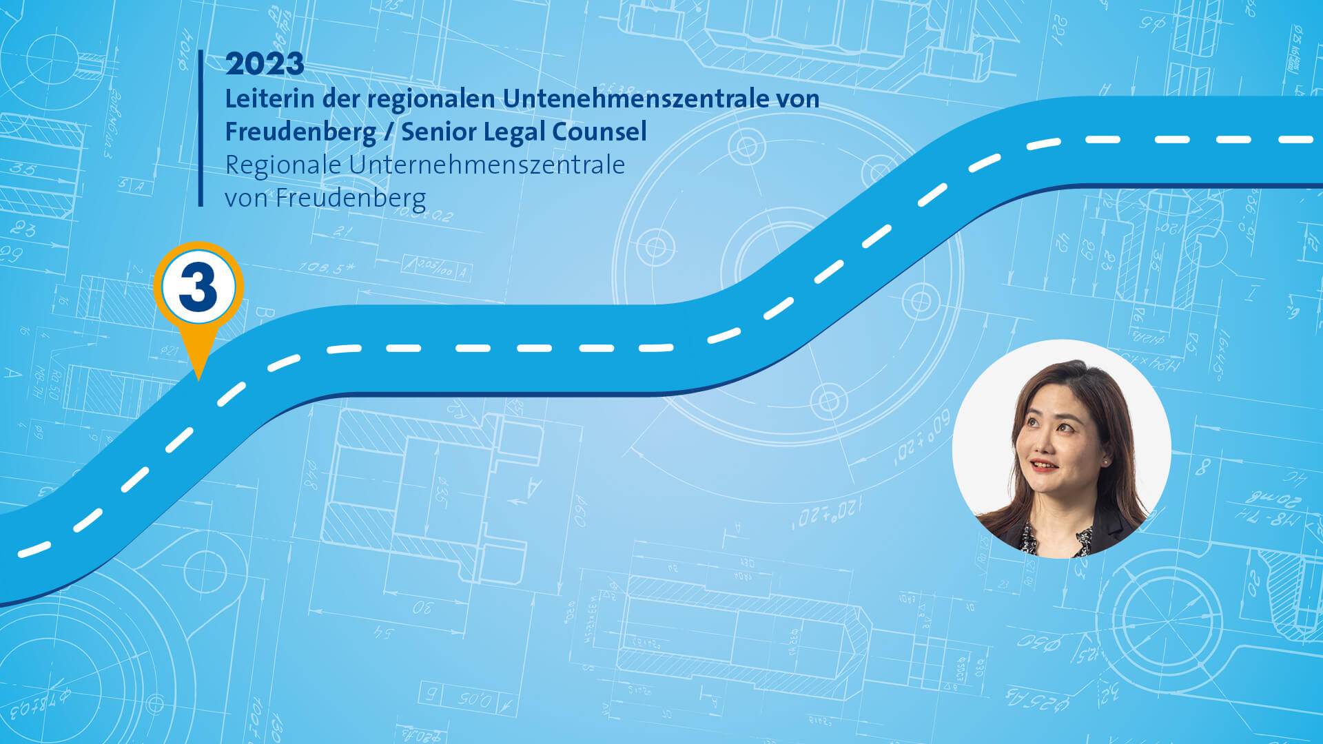 Blue graphic that symbolizes a path with different stops along the way. The portrait of a female person in a black blazer is displayed on the right