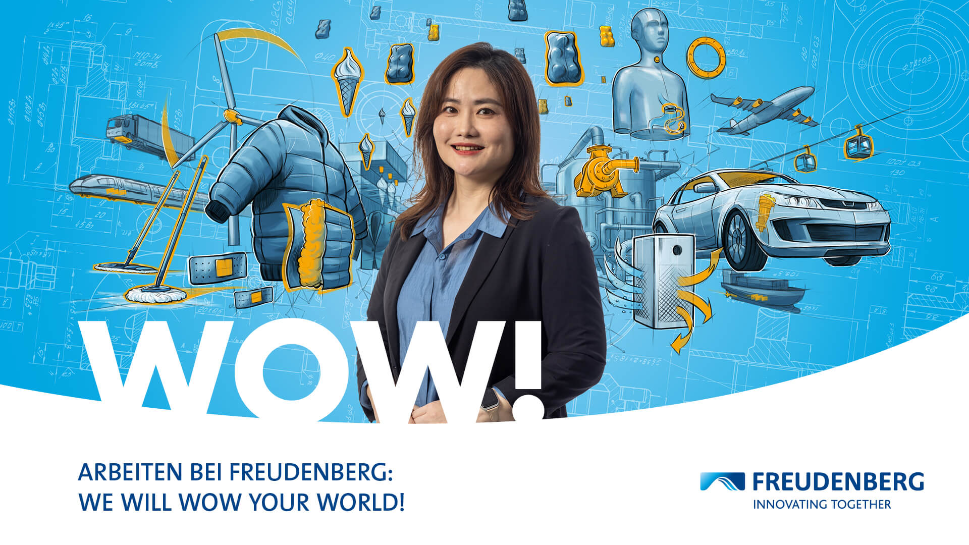 Blue graphic with many colourful elements in the Background and the Portrait of a female Person wearing a black Blazer and a blue blouse is displayed in the centre