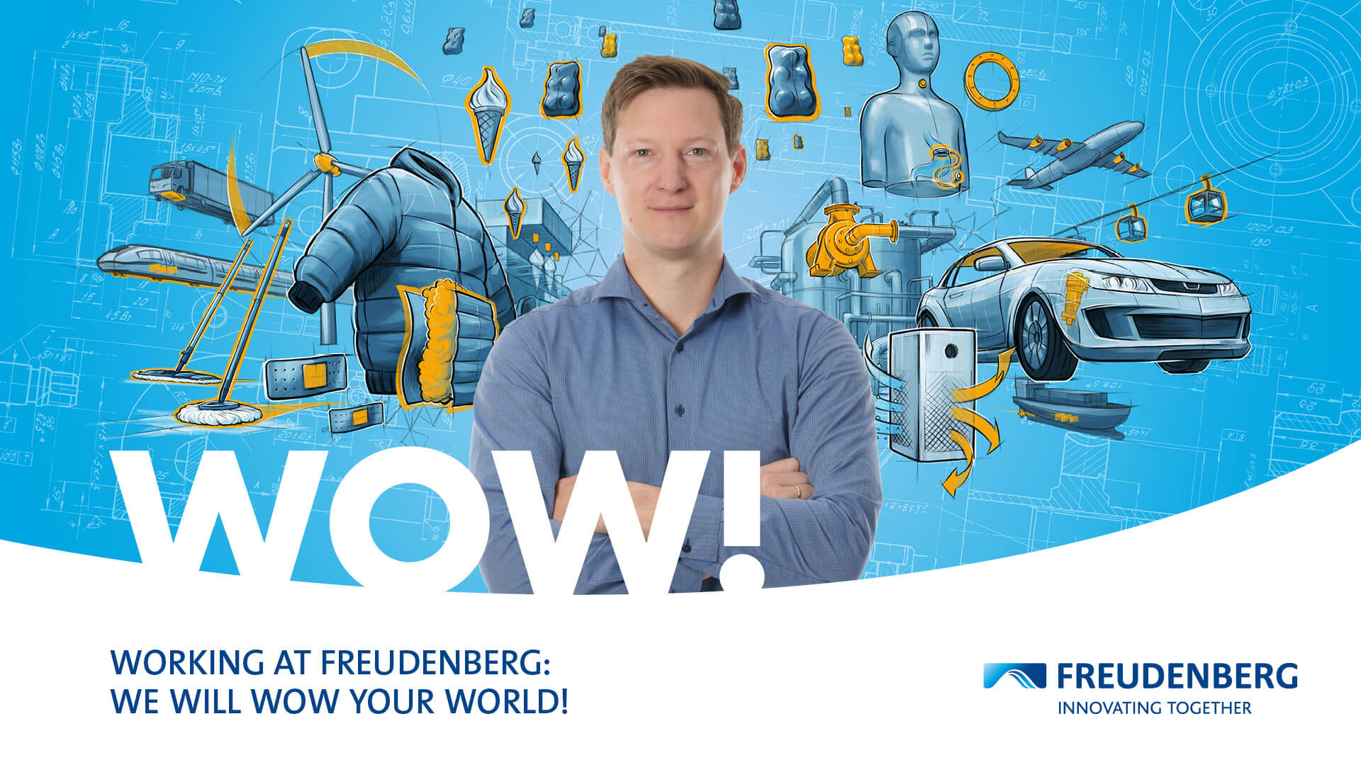 Blue graphic with many colourful elements in the Background and the Portrait of a male Person wearing a blue shirt is displayed in the centre
