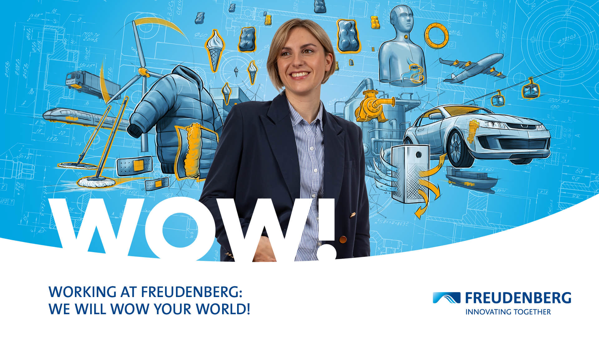 Blue graphic with many colourful elements in the Background and the Portrait of a female Person wearing a white/blue striped blouse and a blue blazer is displayed in the centre