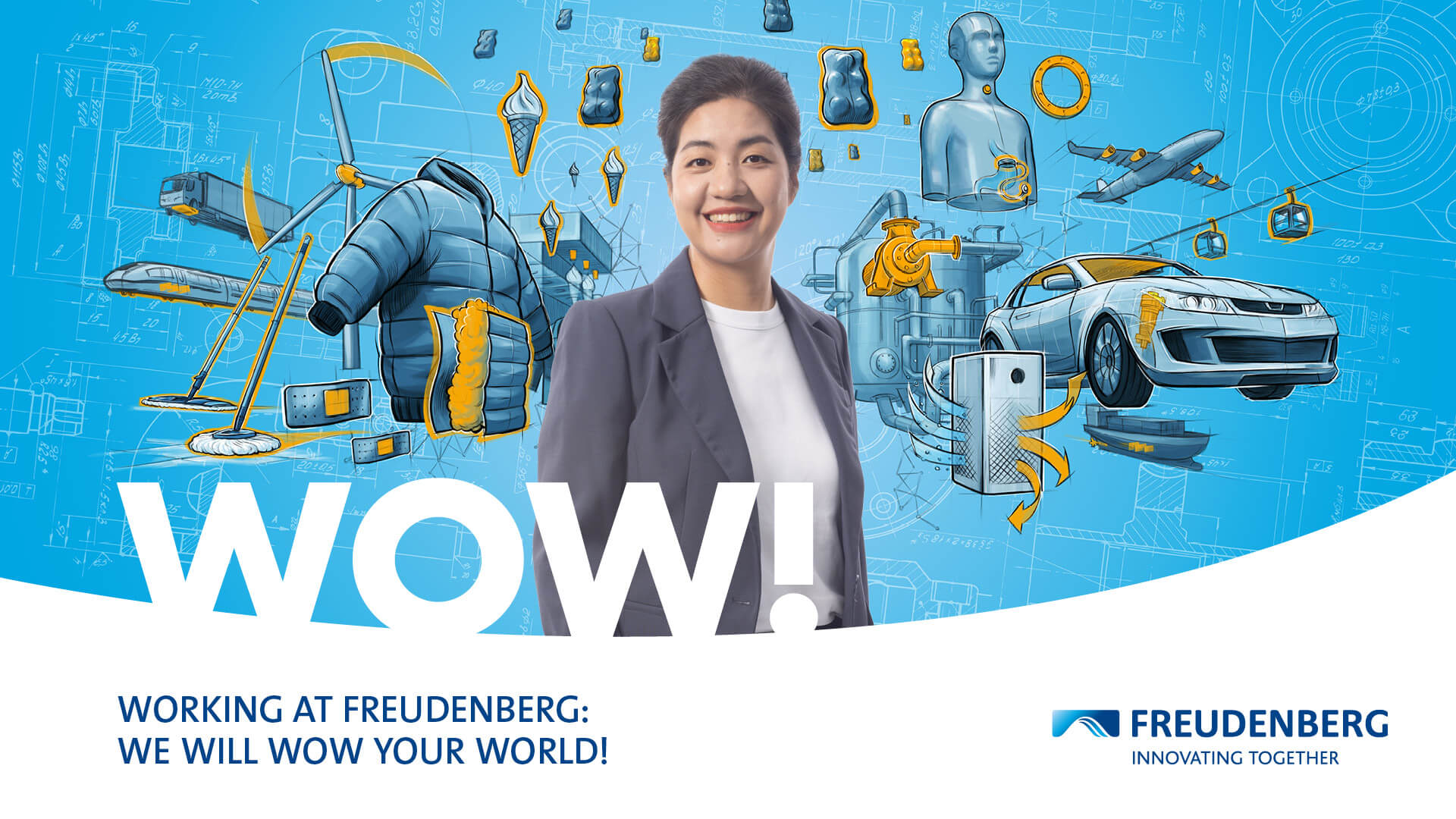 Blue graphic with many colourful elements in the Background and the Portrait of a female Person wearing a white blouse and a grey blazer is displayed in the centre
