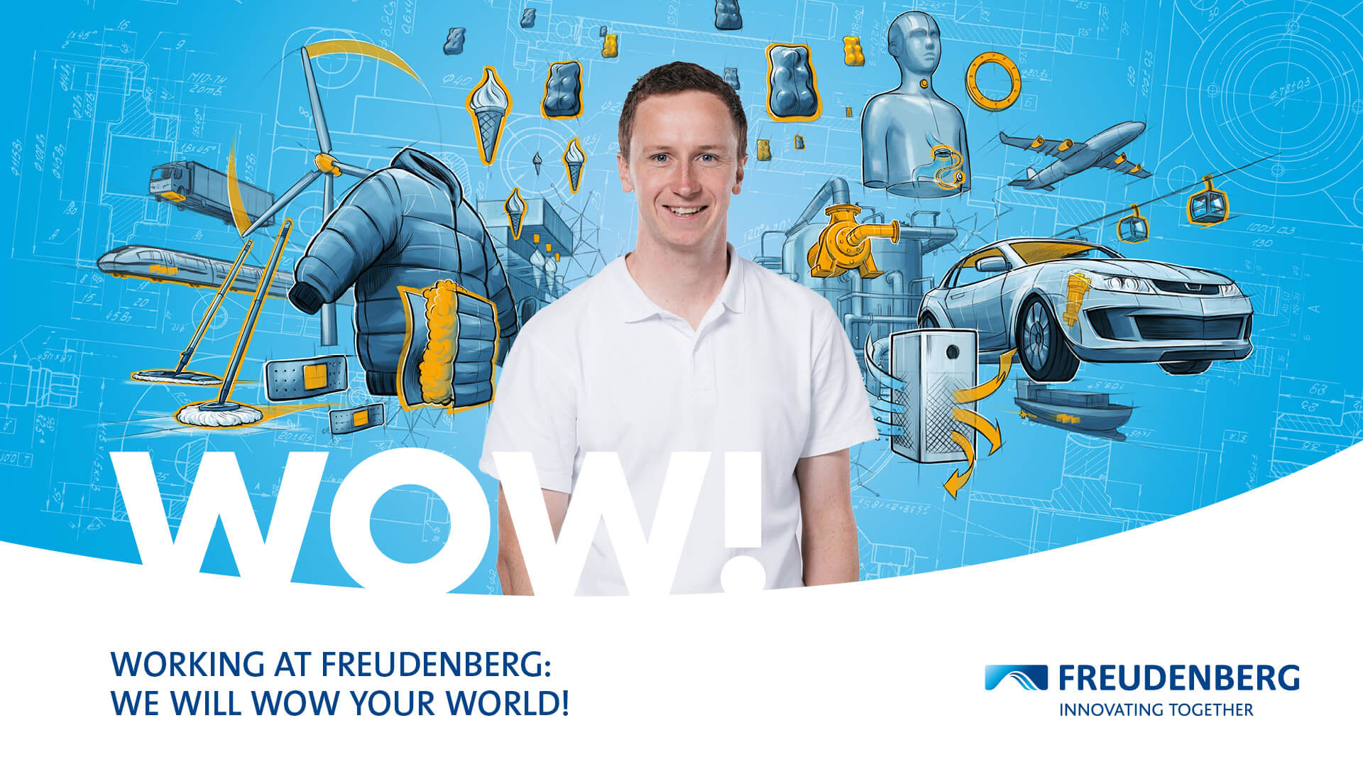 Blue graphic with many colourful elements in the Background and the Portrait of a male Person wearing a white t-shirt is displayed in the centre