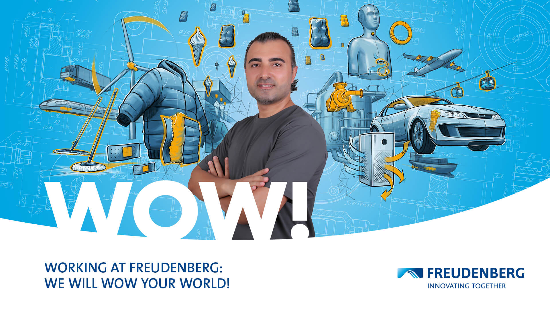 Blue graphic with many colourful elements in the Background and the Portrait of a male Person wearing a grey t-shirt is displayed in the centre