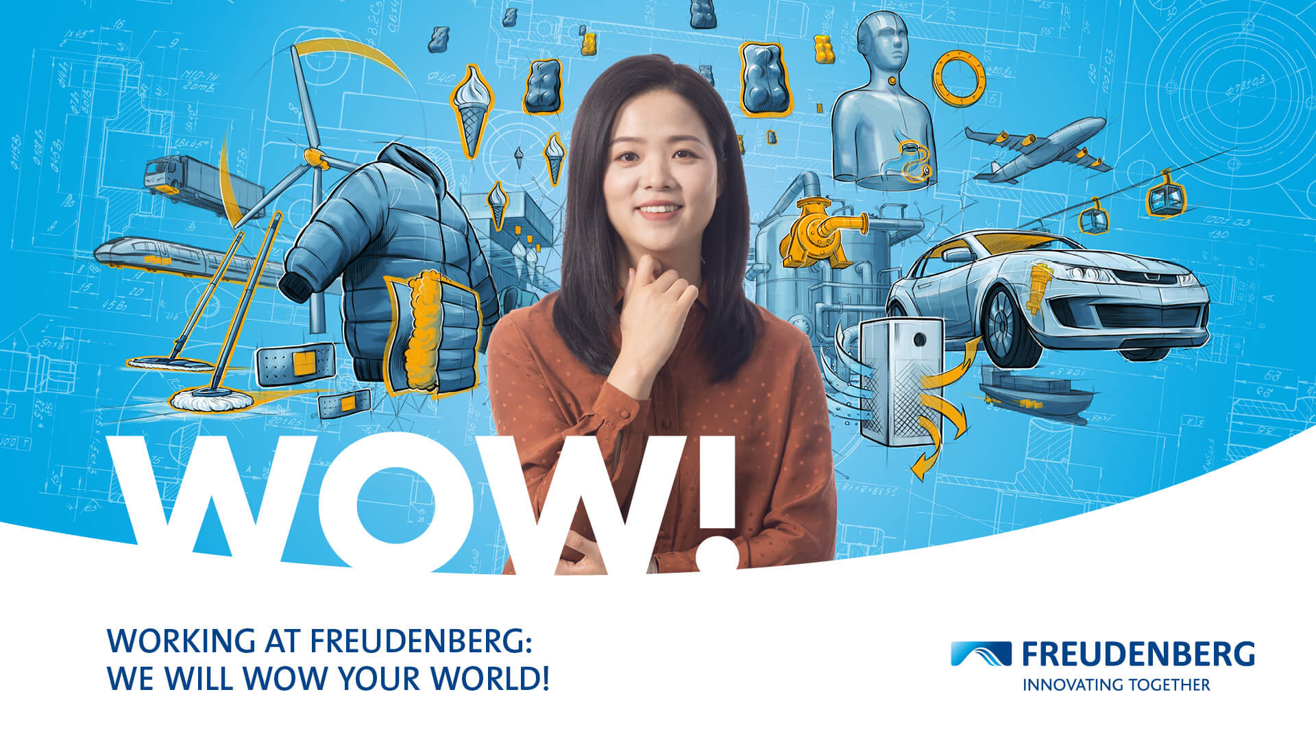 Blue graphic with many colourful elements in the Background and the Portrait of a female Person wearing a brown blouse in the centre