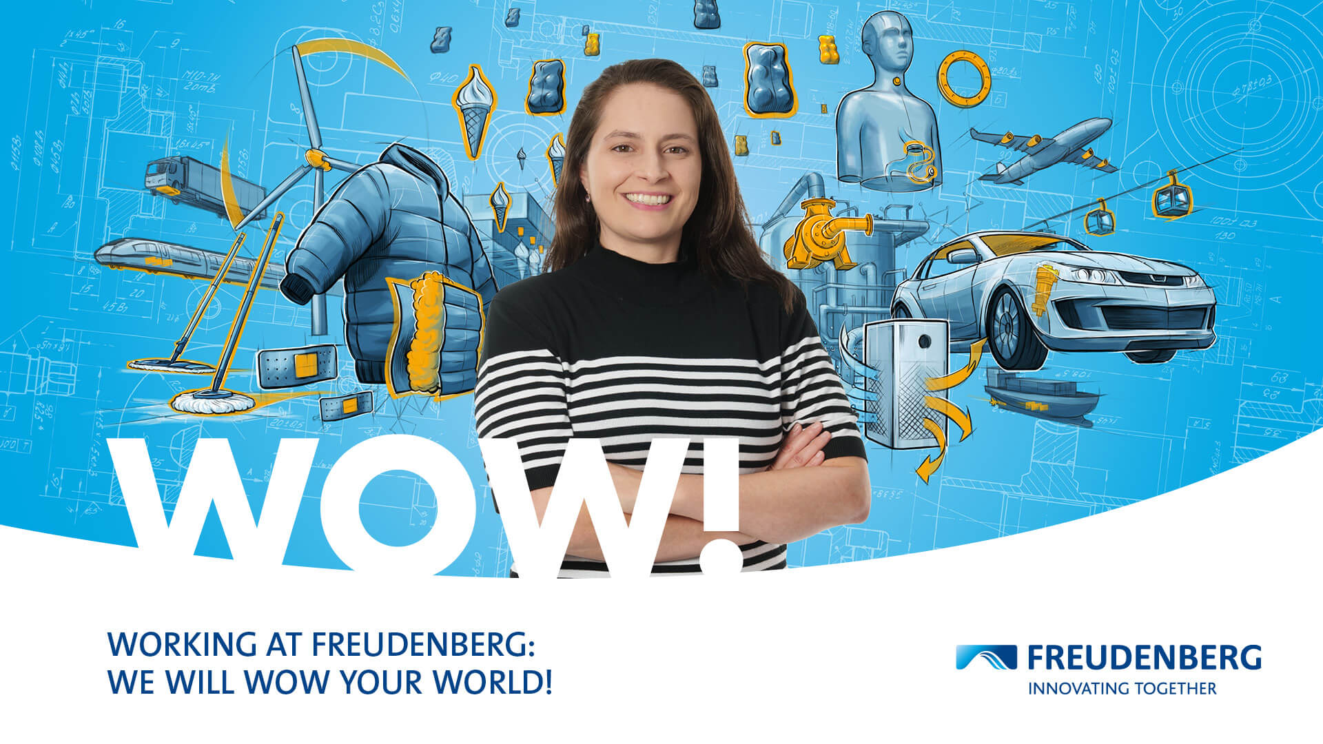 Blue graphic with many colourful elements in the Background and the Portrait of a female Person wearing a black/White striped Shirt in the center