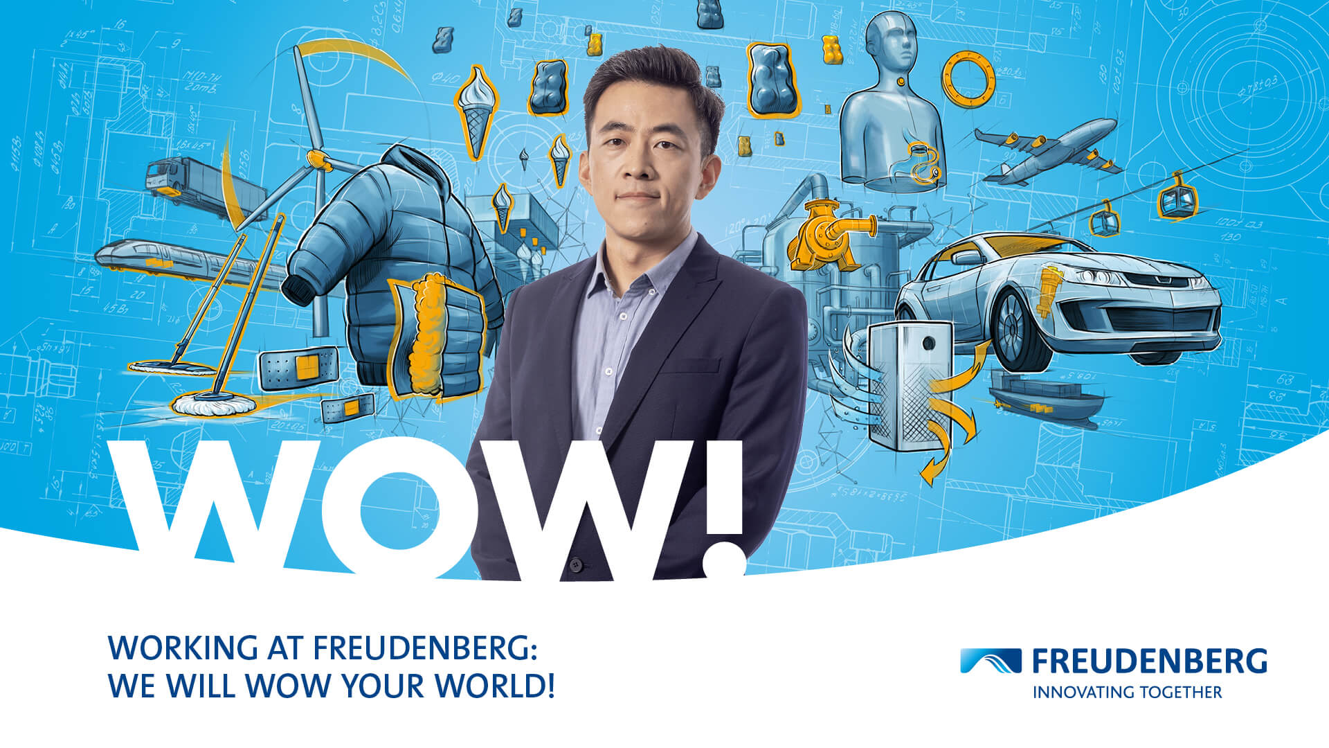 Blue graphic with many colourful elements in the Background and the Portrait of a male Person wearing a light Grey Shirt and a blue suit in the center
