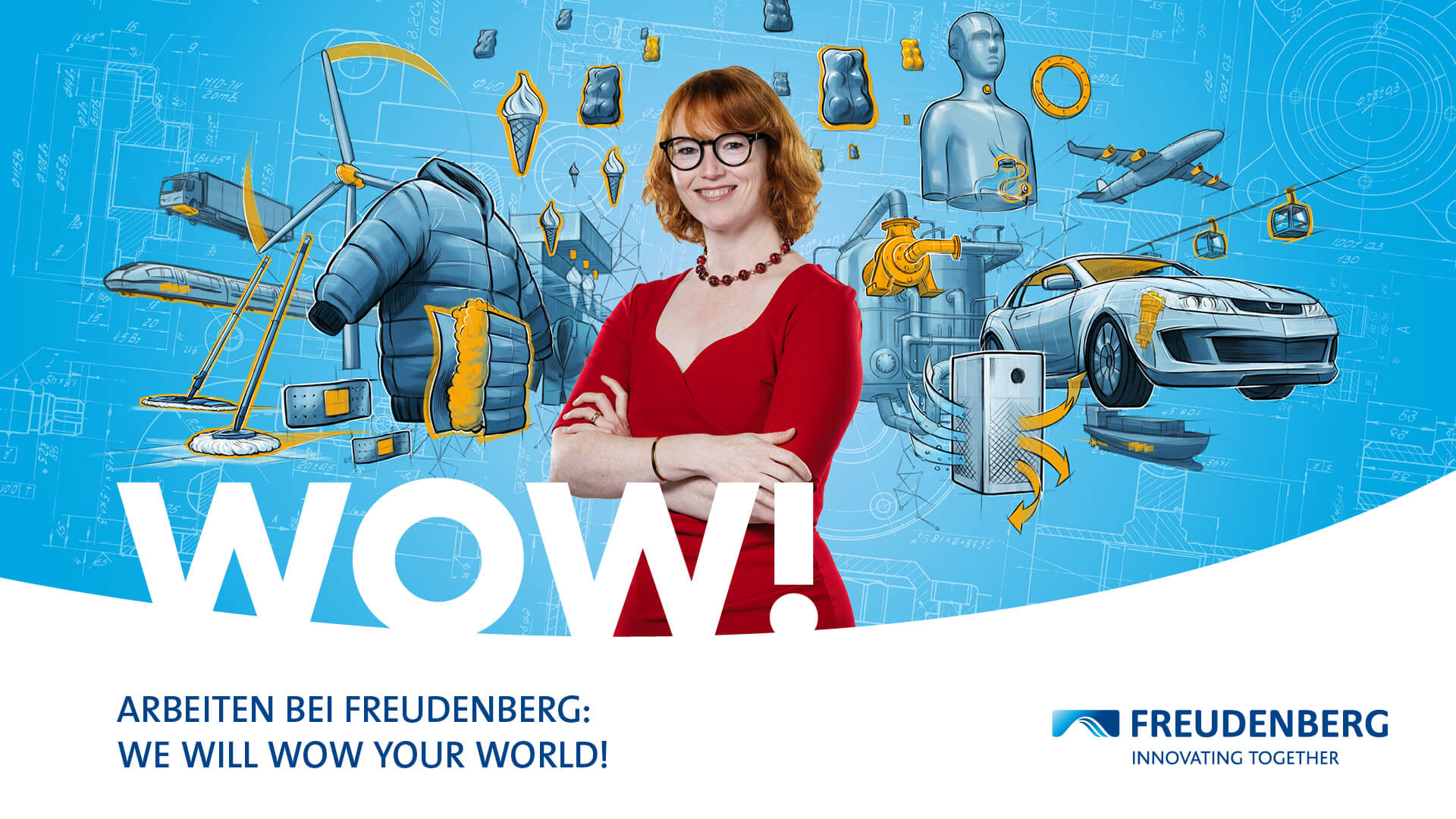 Blue graphic with many colourful elements in the Background and the Portrait of a female Person wearing a red Dress, black glasses and a red Pearl necklace in the center