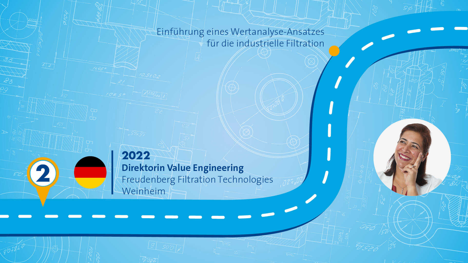 Blue graphic that symbolizes a path with different stops along the way. The portrait of a female Person wearing a red Dress and a White blazer is displayed in the top right corner