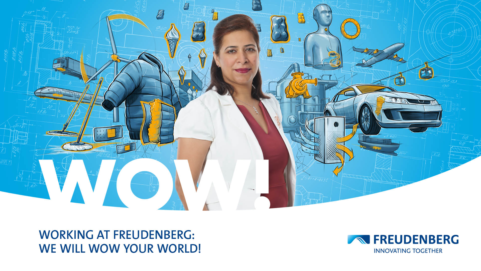 Blue graphic with many colourful elements in the Background and the Portrait of a female Person wearing a red Dress and a White, short-sleeved blazer in the center