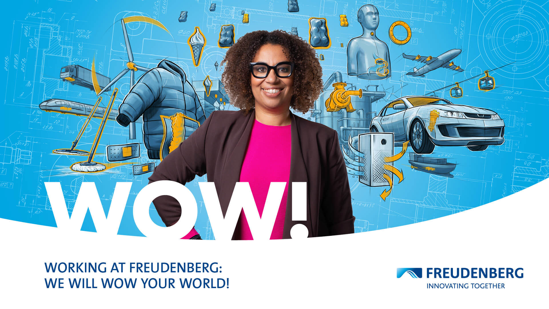 Blue graphic with many colourful elements in the Background and the Portrait of a female Person wearing a pink Long sleeve, a black Blazer and black glasses in the center