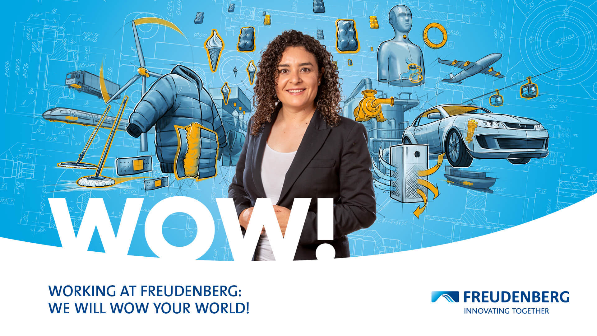 Blue graphic with many colourful elements in the Background and the Portrait of a female Person wearing a white Shirt and a black Blazer in the center