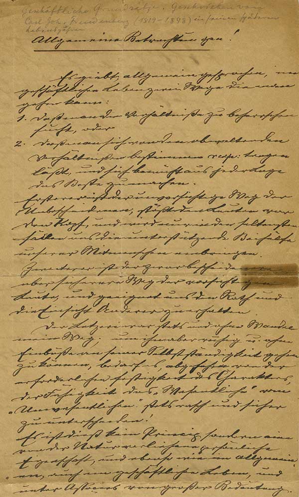 First page of the business principles of Carl Johann Freudenberg 1887