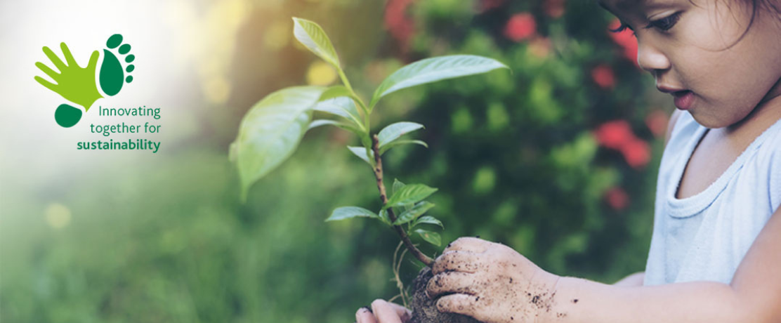 Pictures shows a child with muddy hands holding a little plant and looking at it