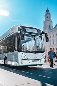 an electric bus in a city with people walking on the sidewalk