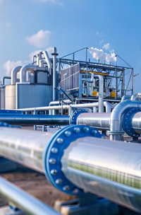 a production site with two large steel pipes in the front
