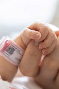 a tiny baby hand grabbing one finger of an adult hand