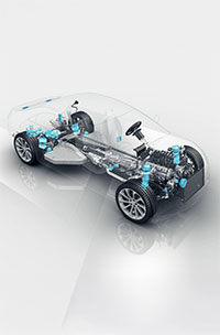 3D mock-up of a car, highlighting specific parts of the engine