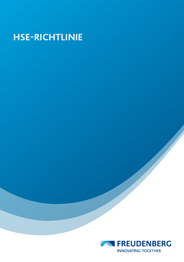 Picture shows a blue background with a white wave at the bottom. The Freudenberg logo is placed at the bottom on the right and the wording HSE-Richtlinie is placed at the top on the left