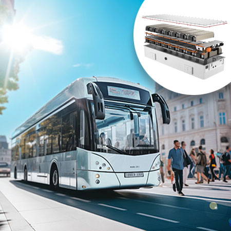 Picture of a bus driving on the street with the picture of a XRANGETM battery pack
