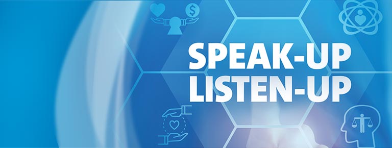 Businessman touching on SPEAK-UP/LISTEN-UP wording on smart screening surrounded by ethical elements.