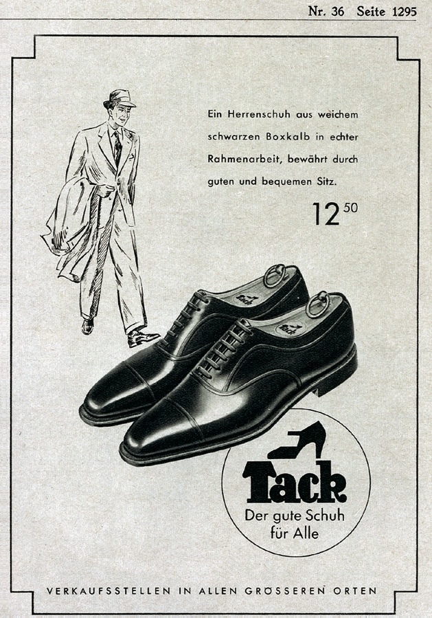 Picture shows a poster with black shoes in the middle, an illustration of a man in a suit at the top left corner and a text in German next to it