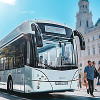 an electric bus in a city with people walking on the sidewalk