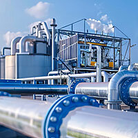 a production site with two large steel pipes in the front