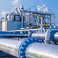 a production site with two large steel pipes in the front