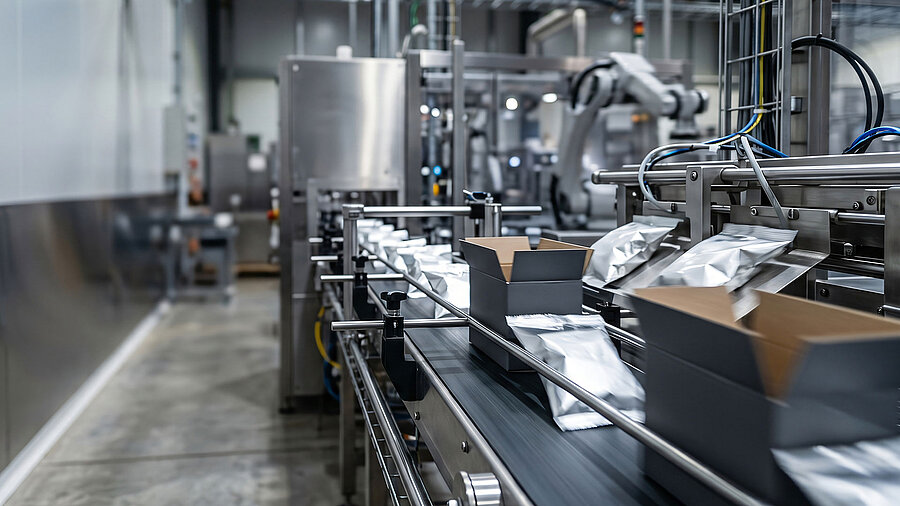 production line with robotic arm packaging goods on conveyor belts inside a factory