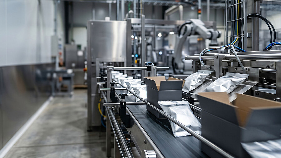 Fertigungslinie mit einem Roboterarm, auf der Waren auf Förderbändern in einer Fabrik verpackt werden
