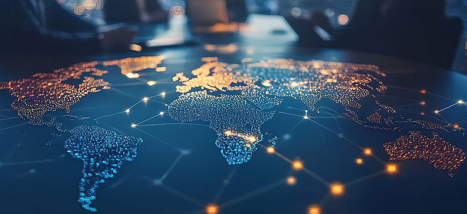 World map with colored dots and people in the background