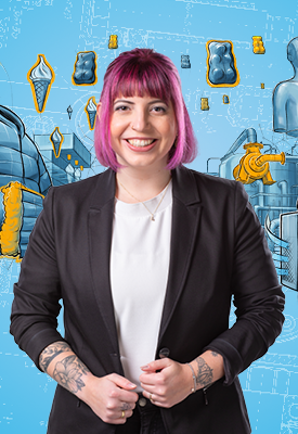 Blue background with different graphics and a women wearing a white blouse and a black blazer and smiling into the camera is displayed in the center of the photo