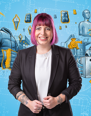 A woman smiling at the camera, wearing a white blouse and a black blazer against a blue background with various graphics