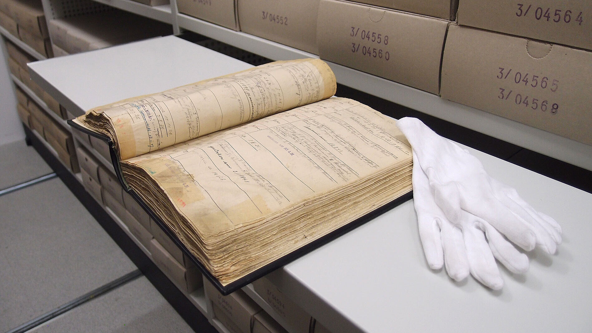 Employee directory from the 19th century. To the right are white gloves