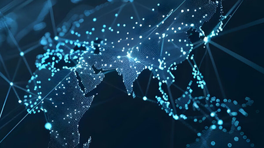 Animation of the world map with bright blue dots and connecting lines
