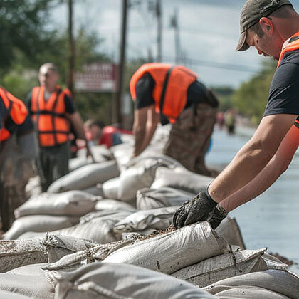 People in orange signal vests stack sandbags
