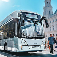 an electric bus in a city with people walking on the sidewalk