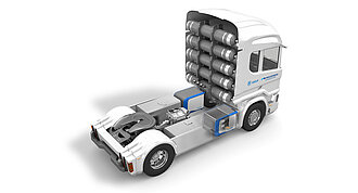 The picture shows a truck without a trailer from behind, with individual details such as the fuel cells clearly visible