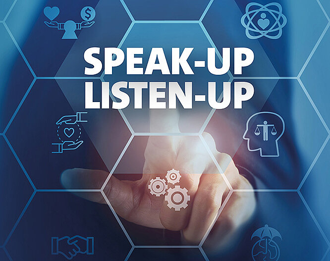 Businessman touching on SPEAK-UP/LISTEN-UP wording on smart screening surrounded by ethical elements.