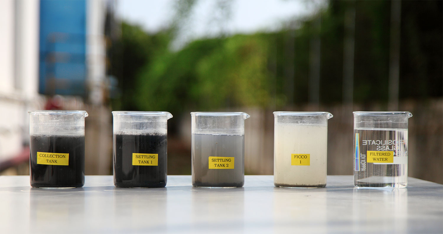 Five glasses with treated waste water in different phases